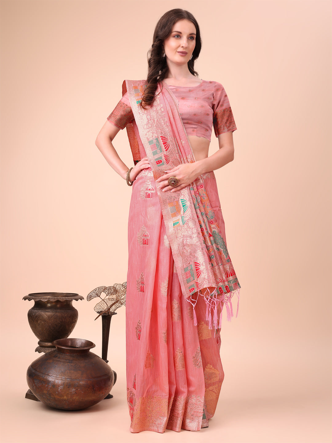 Shree Shyam Fashion Pink Linen Saree with Multicolor Weaving & Zari Pallu - Elegant & Lightweight for Everyday Grace - Distacart