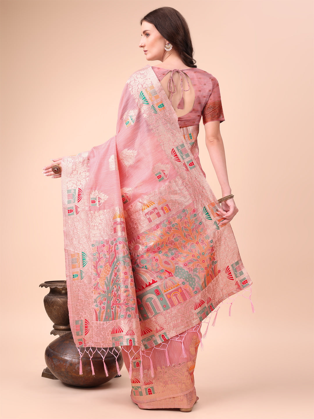 Shree Shyam Fashion Pink Linen Saree with Multicolor Weaving & Zari Pallu - Elegant & Lightweight for Everyday Grace - Distacart