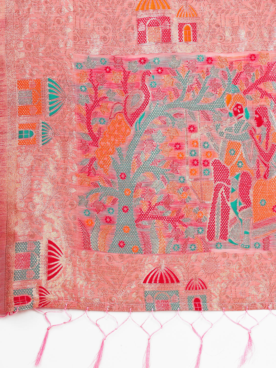 Shree Shyam Fashion Pink Linen Saree with Multicolor Weaving & Zari Pallu - Elegant & Lightweight for Everyday Grace - Distacart