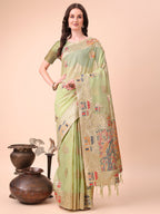 Shree Shyam Fashion Light Green Linen Saree with Multicolor Weaving & Zari Pallu - Elegant & Lightweight for Everyday Grace - Distacart