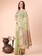 Shree Shyam Fashion Light Green Linen Saree with Multicolor Weaving & Zari Pallu - Elegant & Lightweight for Everyday Grace - Distacart