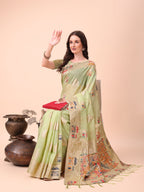 Shree Shyam Fashion Light Green Linen Saree with Multicolor Weaving & Zari Pallu - Elegant & Lightweight for Everyday Grace - Distacart