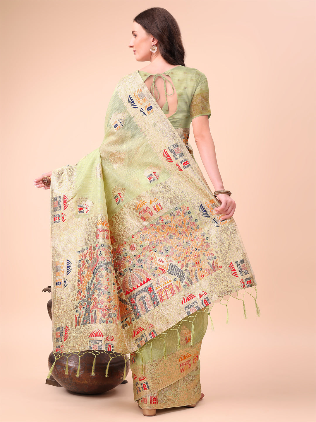 Shree Shyam Fashion Light Green Linen Saree with Multicolor Weaving & Zari Pallu - Elegant & Lightweight for Everyday Grace - Distacart