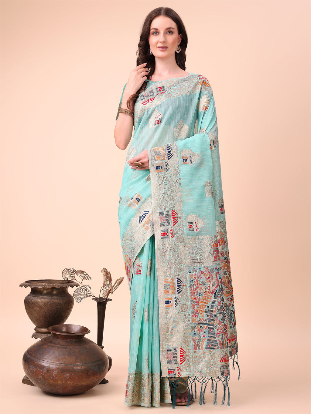 Shree Shyam Fashion Sky Blue Linen Saree with Multicolor Weaving & Zari Pallu - Elegant & Lightweight for Everyday Grace - Distacart