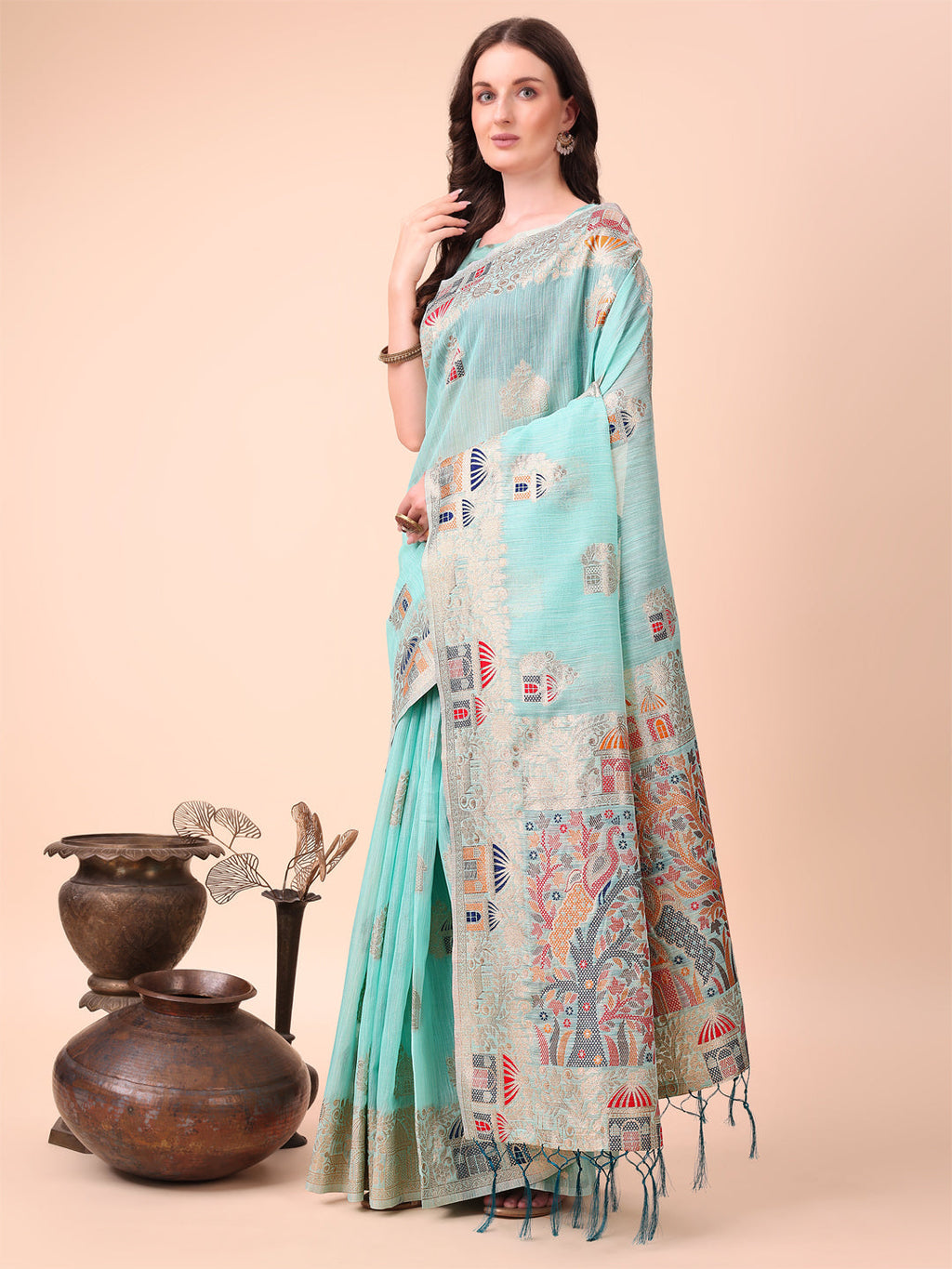 Shree Shyam Fashion Sky Blue Linen Saree with Multicolor Weaving & Zari Pallu - Elegant & Lightweight for Everyday Grace - Distacart