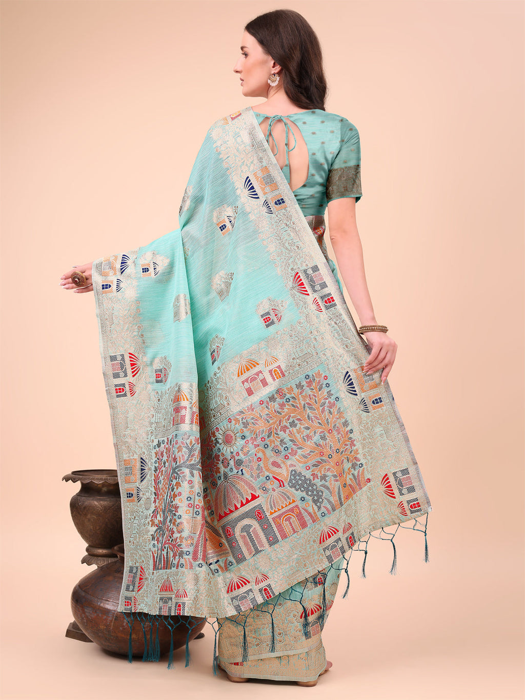 Shree Shyam Fashion Sky Blue Linen Saree with Multicolor Weaving & Zari Pallu - Elegant & Lightweight for Everyday Grace - Distacart