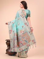 Shree Shyam Fashion Sky Blue Linen Saree with Multicolor Weaving & Zari Pallu - Elegant & Lightweight for Everyday Grace - Distacart
