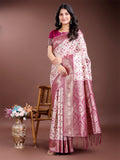 Shree Shyam Fashion Graceful Cream & Pink Linen Cotton Saree with Rich Zari Pallu - A Touch of Royal Comfort