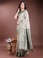 Shree Shyam Fashion Graceful Cream & Green Linen Cotton Saree with Rich Zari Pallu - A Touch of Royal Comfort