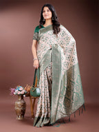 Shree Shyam Fashion Graceful Cream & Green Linen Cotton Saree with Rich Zari Pallu - A Touch of Royal Comfort