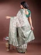 Shree Shyam Fashion Graceful Cream & Green Linen Cotton Saree with Rich Zari Pallu - A Touch of Royal Comfort