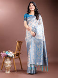 Shree Shyam Fashion Graceful Cream & Sky Blue Linen Cotton Saree with Rich Zari Pallu - A Touch of Royal Comfort