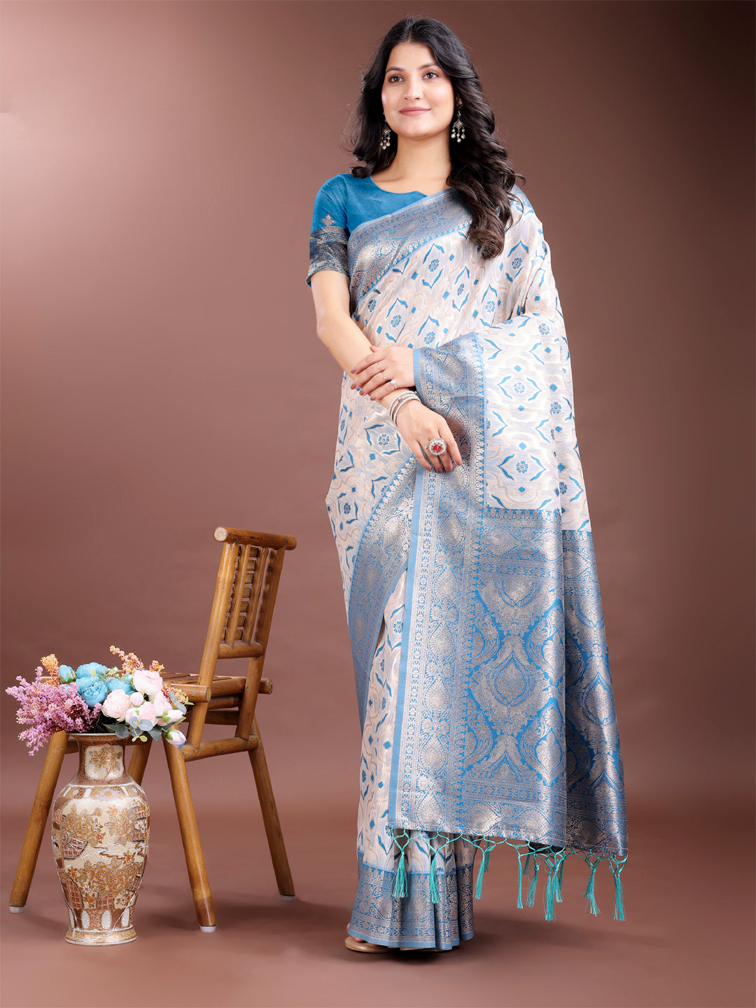Shree Shyam Fashion Graceful Cream & Sky Blue Linen Cotton Saree with Rich Zari Pallu - A Touch of Royal Comfort
