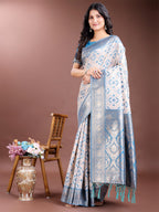 Shree Shyam Fashion Graceful Cream & Sky Blue Linen Cotton Saree with Rich Zari Pallu - A Touch of Royal Comfort