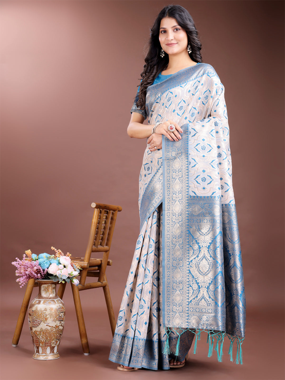 Shree Shyam Fashion Graceful Cream & Sky Blue Linen Cotton Saree with Rich Zari Pallu - A Touch of Royal Comfort