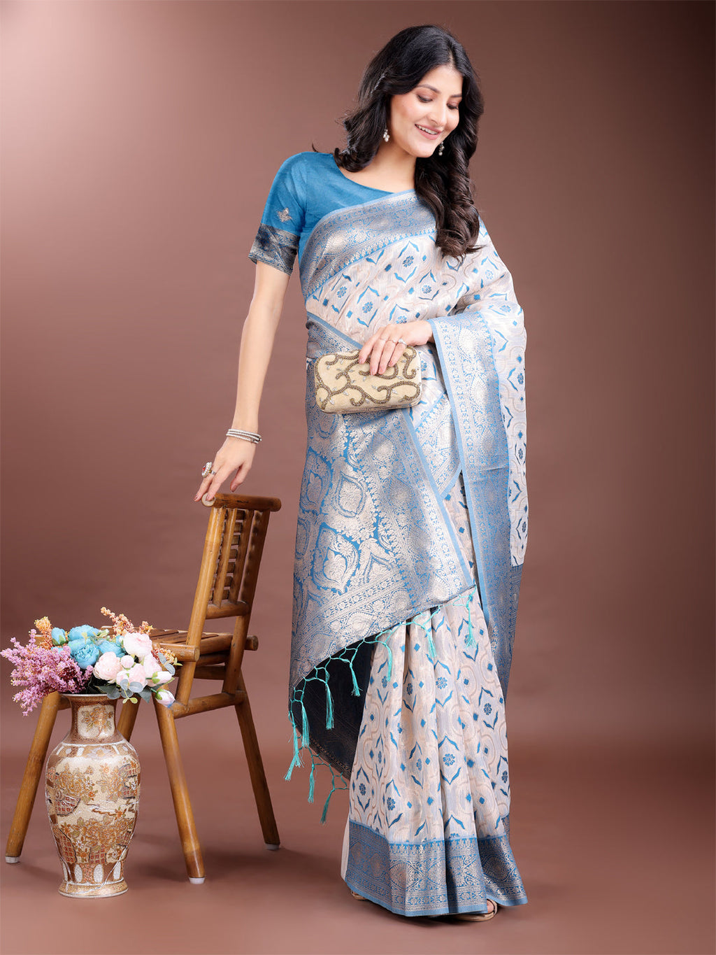 Shree Shyam Fashion Graceful Cream & Sky Blue Linen Cotton Saree with Rich Zari Pallu - A Touch of Royal Comfort