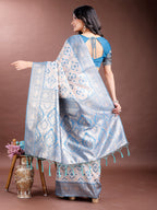 Shree Shyam Fashion Graceful Cream & Sky Blue Linen Cotton Saree with Rich Zari Pallu - A Touch of Royal Comfort