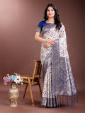 Shree Shyam Fashion Graceful Cream & Navy Blue Linen Cotton Saree with Rich Zari Pallu - A Touch of Royal Comfort