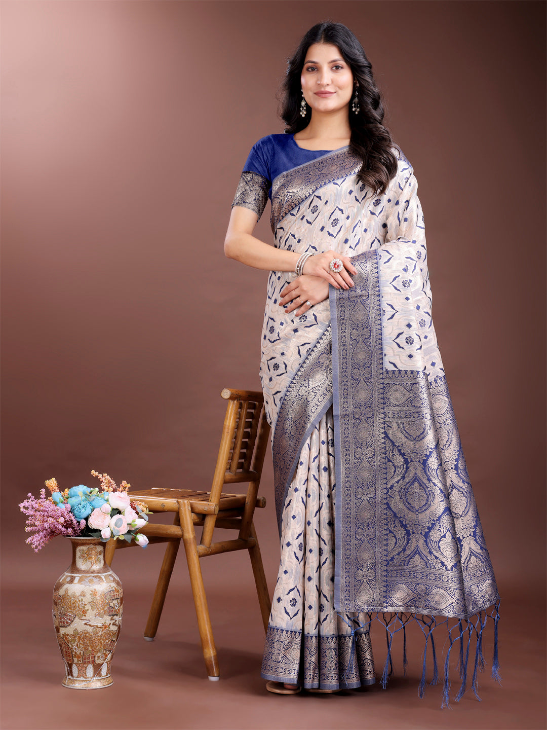 Shree Shyam Fashion Graceful Cream & Navy Blue Linen Cotton Saree with Rich Zari Pallu - A Touch of Royal Comfort