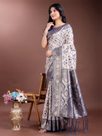 Shree Shyam Fashion Graceful Cream & Navy Blue Linen Cotton Saree with Rich Zari Pallu - A Touch of Royal Comfort
