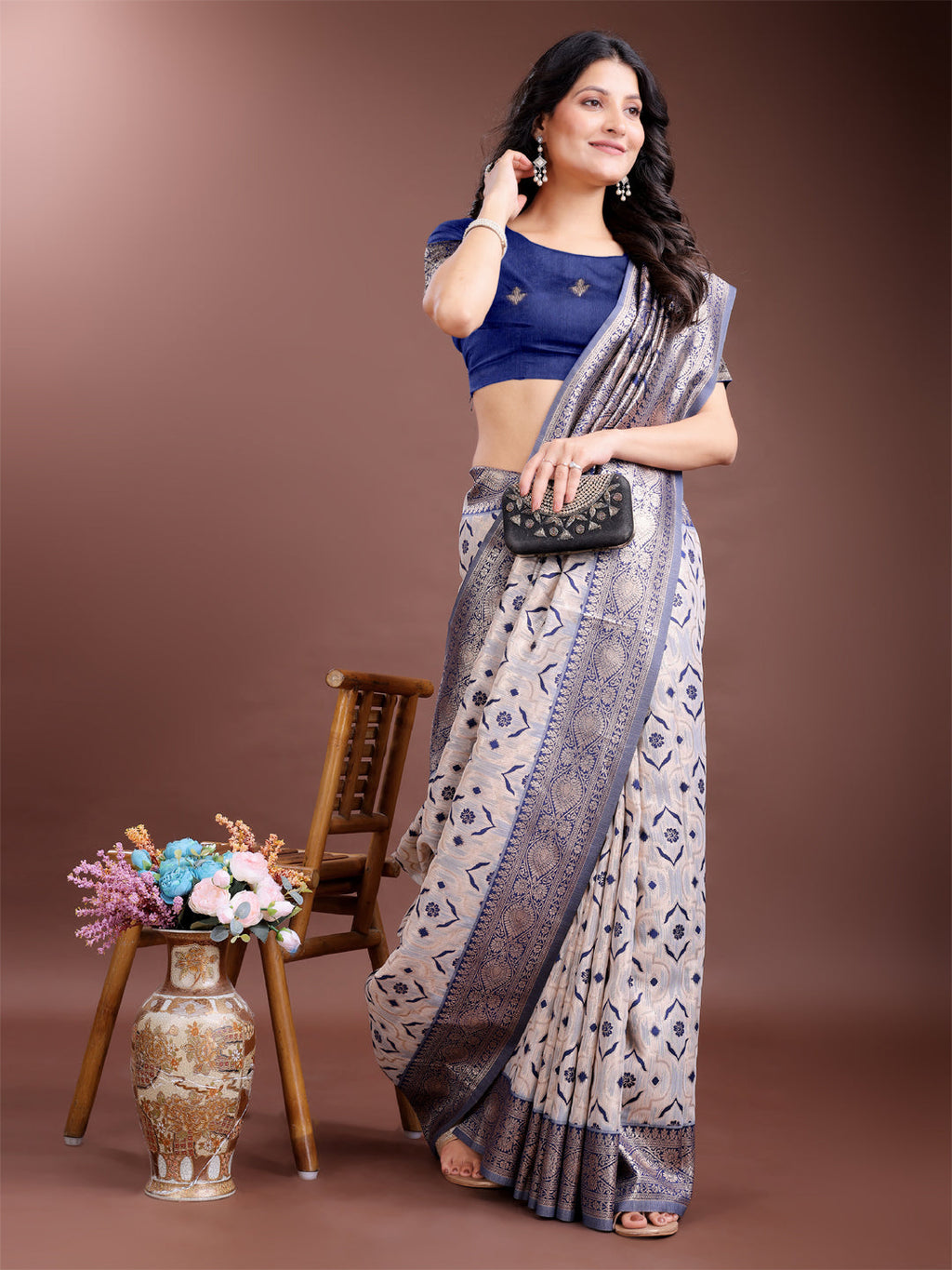 Shree Shyam Fashion Graceful Cream & Navy Blue Linen Cotton Saree with Rich Zari Pallu - A Touch of Royal Comfort