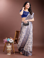 Shree Shyam Fashion Graceful Cream & Navy Blue Linen Cotton Saree with Rich Zari Pallu - A Touch of Royal Comfort