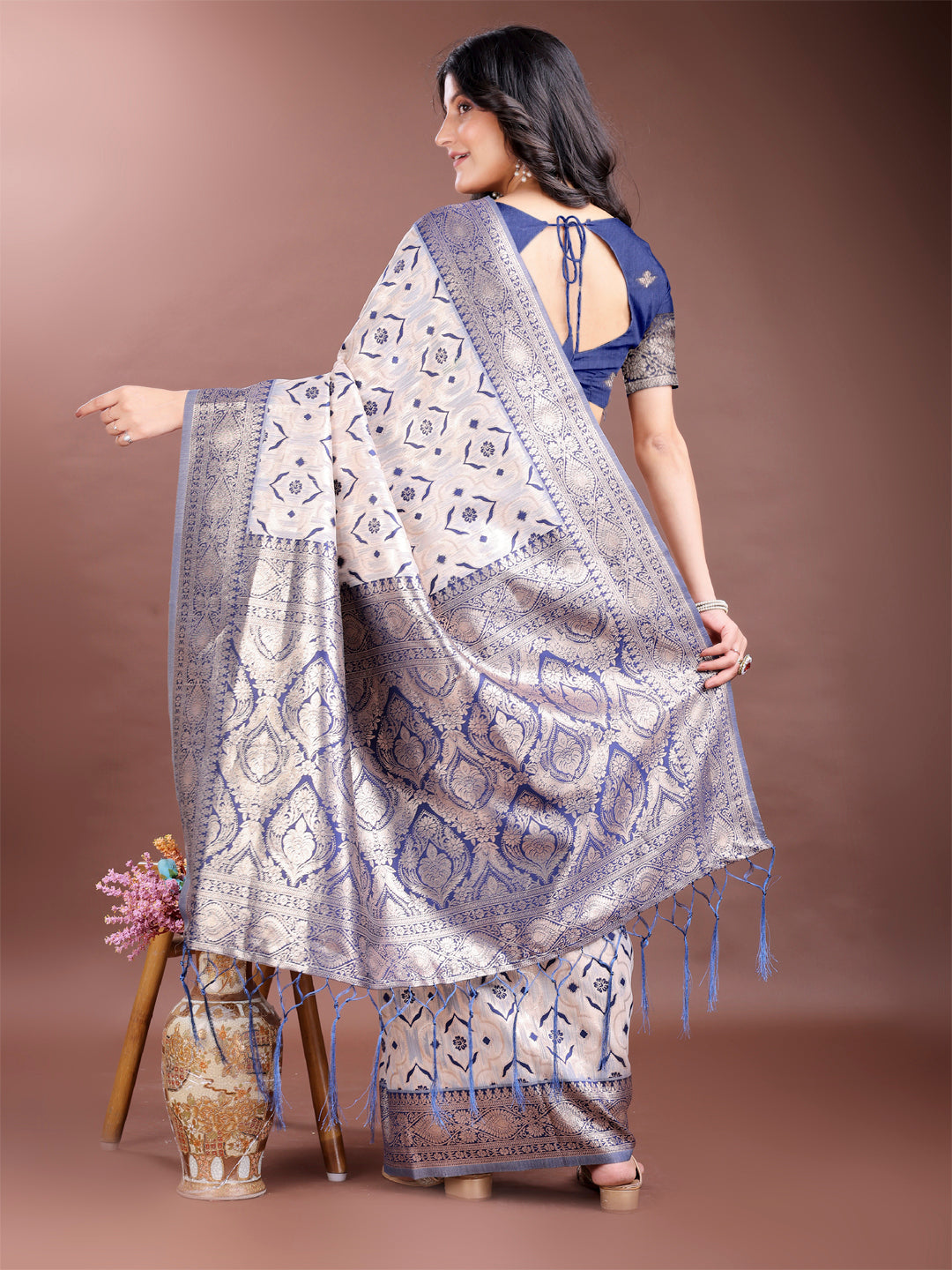 Shree Shyam Fashion Graceful Cream & Navy Blue Linen Cotton Saree with Rich Zari Pallu - A Touch of Royal Comfort