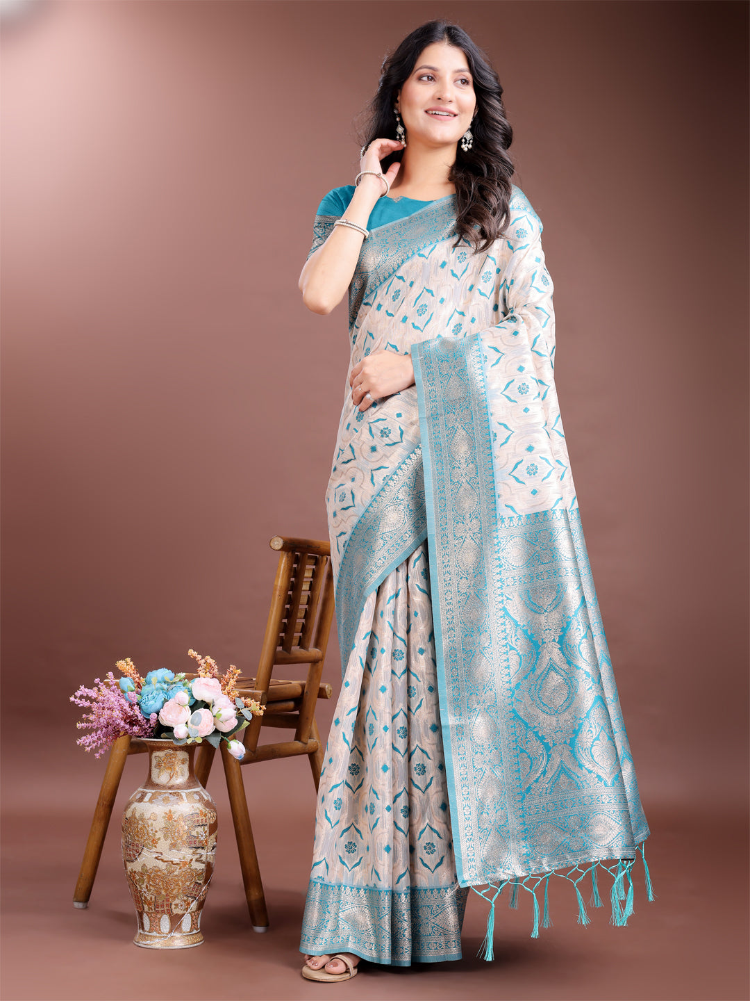 Shree Shyam Fashion Graceful Cream & Sea Green Linen Cotton Saree with Rich Zari Pallu - A Touch of Royal Comfort