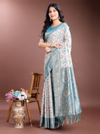 Shree Shyam Fashion Graceful Cream & Sea Green Linen Cotton Saree with Rich Zari Pallu - A Touch of Royal Comfort