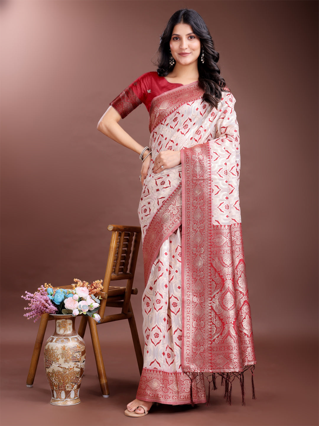 Shree Shyam Fashion Graceful Cream & Red Linen Cotton Saree with Rich Zari Pallu - A Touch of Royal Comfort
