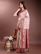Shree Shyam Fashion Graceful Cream & Red Linen Cotton Saree with Rich Zari Pallu - A Touch of Royal Comfort
