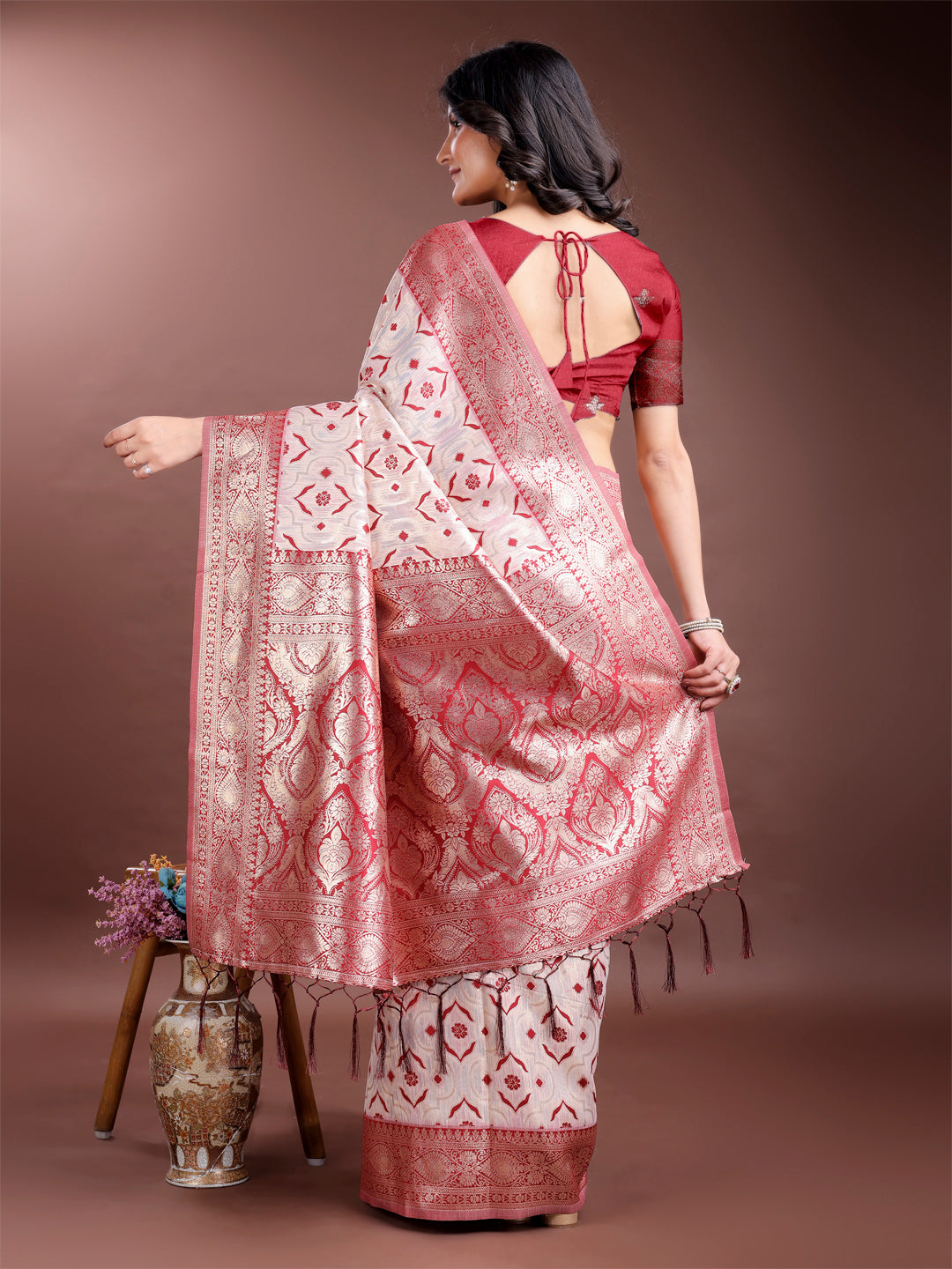 Shree Shyam Fashion Graceful Cream & Red Linen Cotton Saree with Rich Zari Pallu - A Touch of Royal Comfort