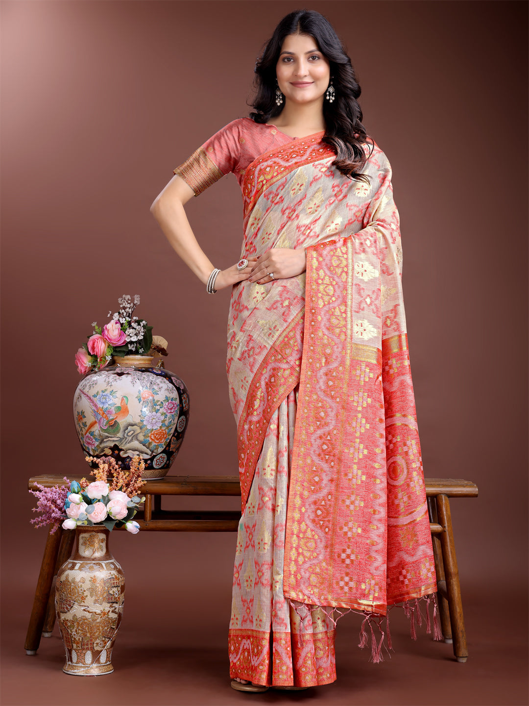 Shree Shyam Fashion Graceful Beige & Coral Linen Cotton Saree - Lightweight Elegance for Modern Women