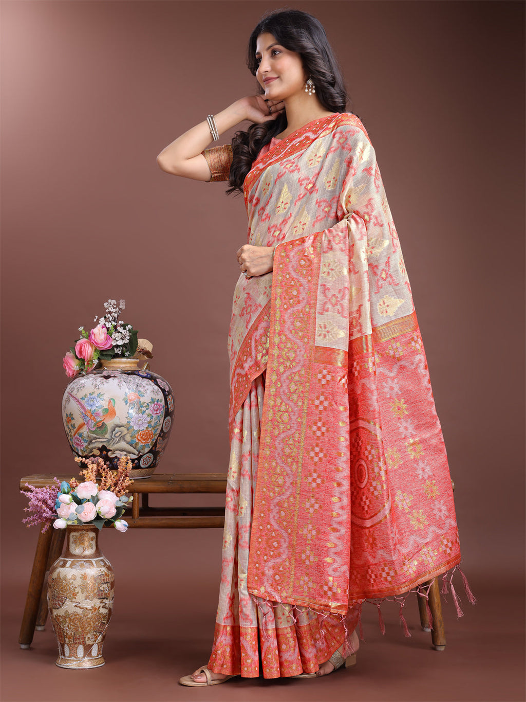 Shree Shyam Fashion Graceful Beige & Coral Linen Cotton Saree - Lightweight Elegance for Modern Women