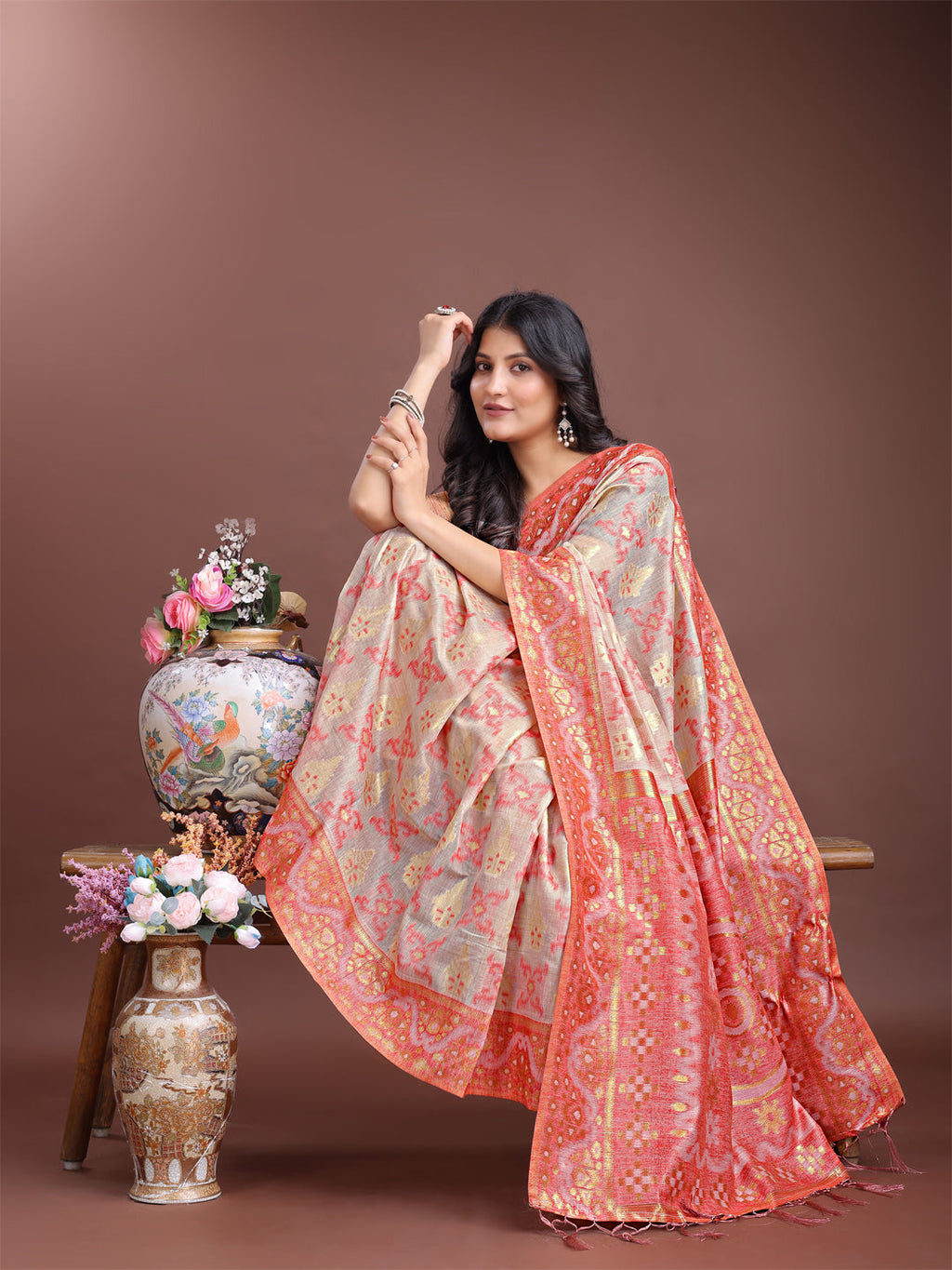 Shree Shyam Fashion Graceful Beige & Coral Linen Cotton Saree - Lightweight Elegance for Modern Women