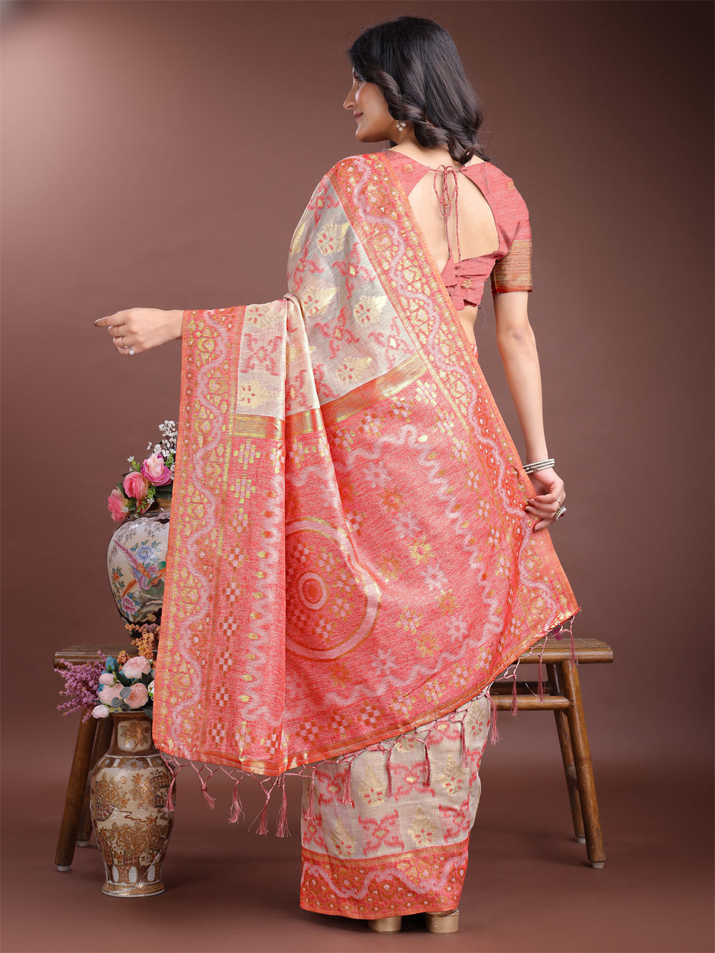 Shree Shyam Fashion Graceful Beige & Coral Linen Cotton Saree - Lightweight Elegance for Modern Women