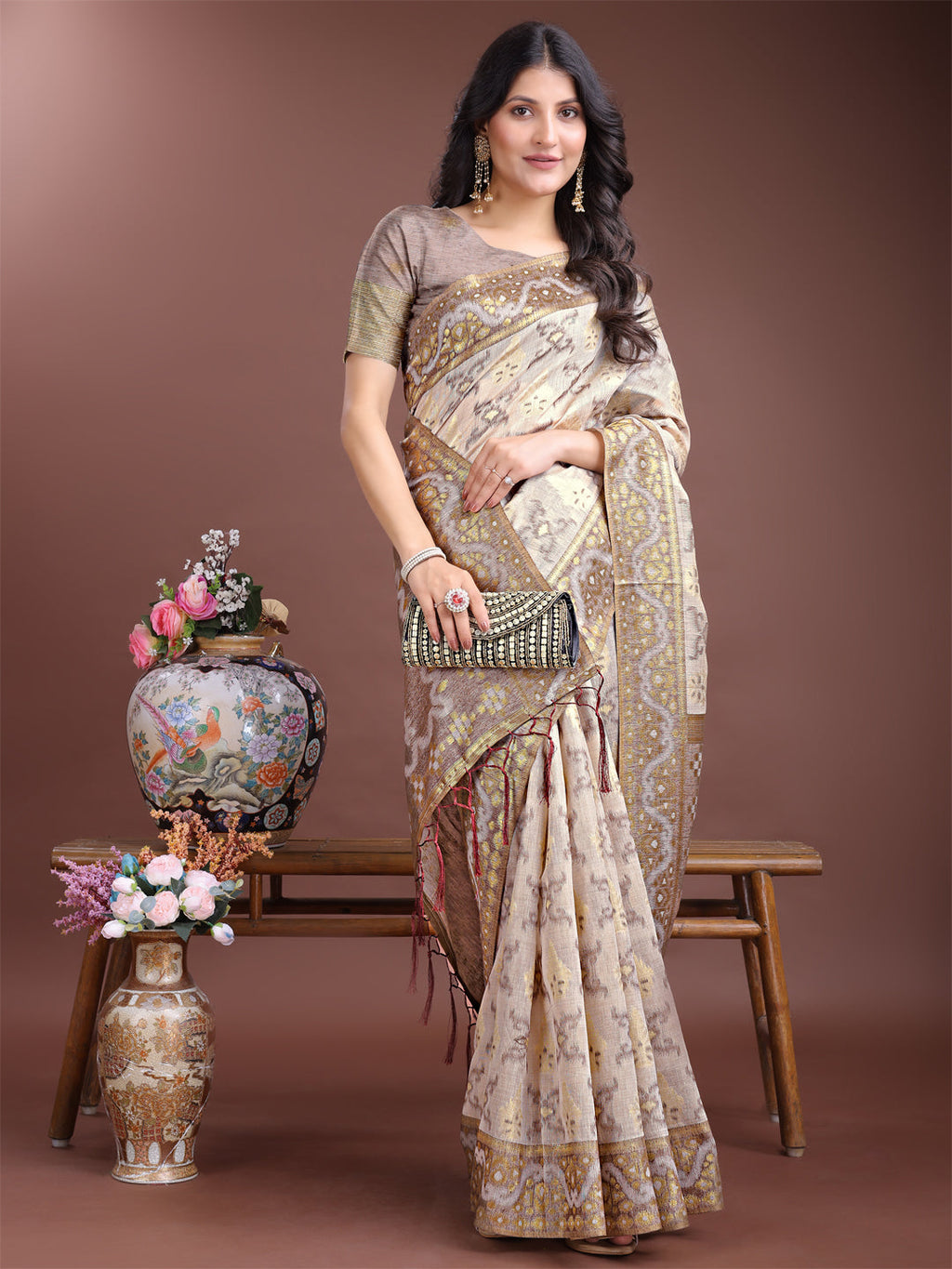 Shree Shyam Fashion Graceful Beige & Brown Linen Cotton Saree - Lightweight Elegance for Modern Women