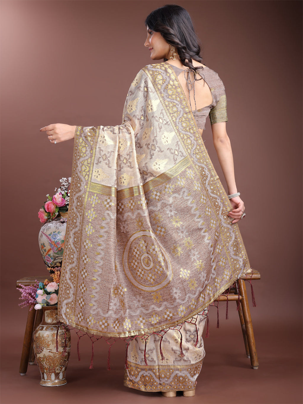 Shree Shyam Fashion Graceful Beige & Brown Linen Cotton Saree - Lightweight Elegance for Modern Women