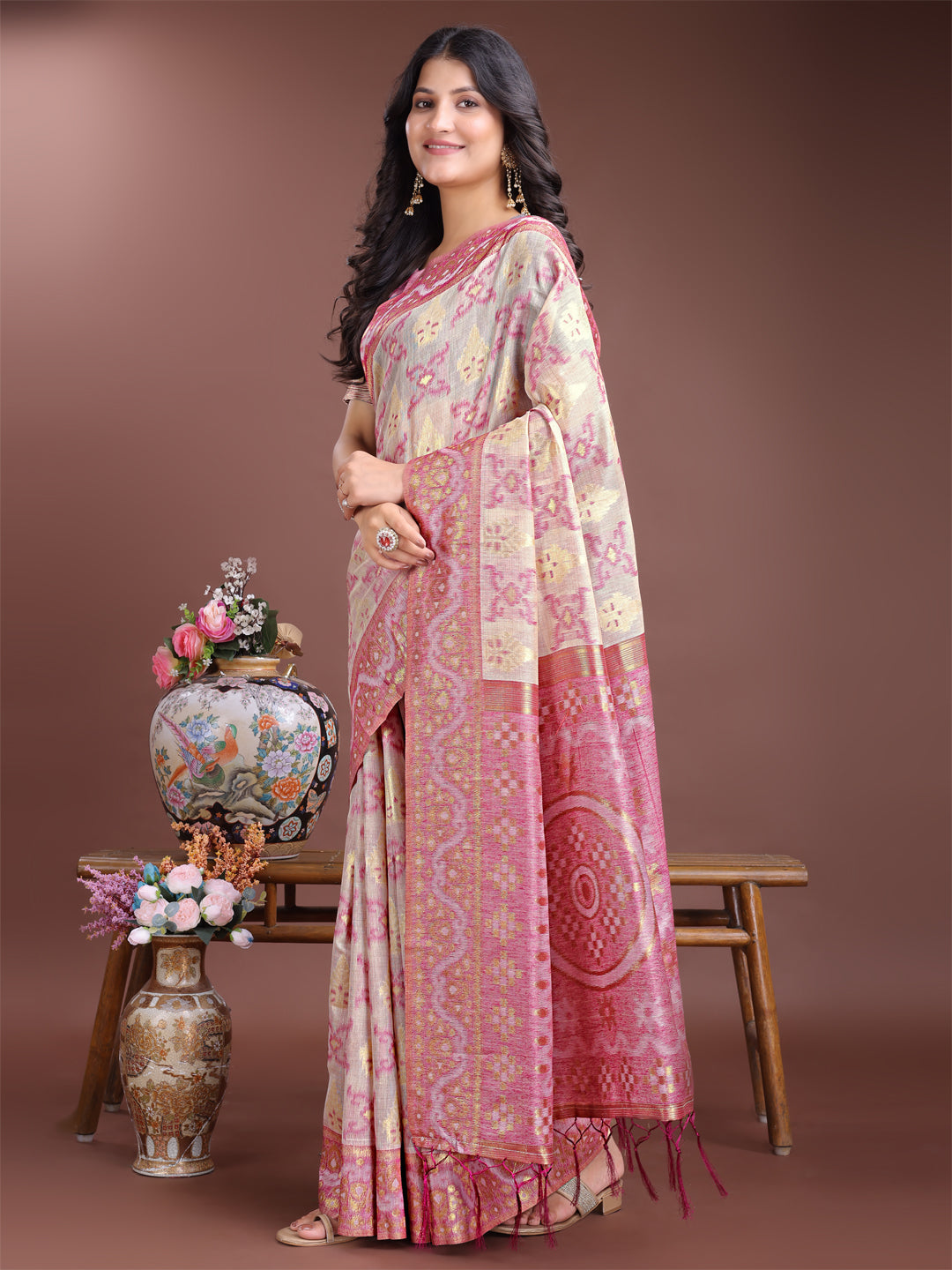 Shree Shyam Fashion Graceful Beige & Pink Linen Cotton Saree - Lightweight Elegance for Modern Women