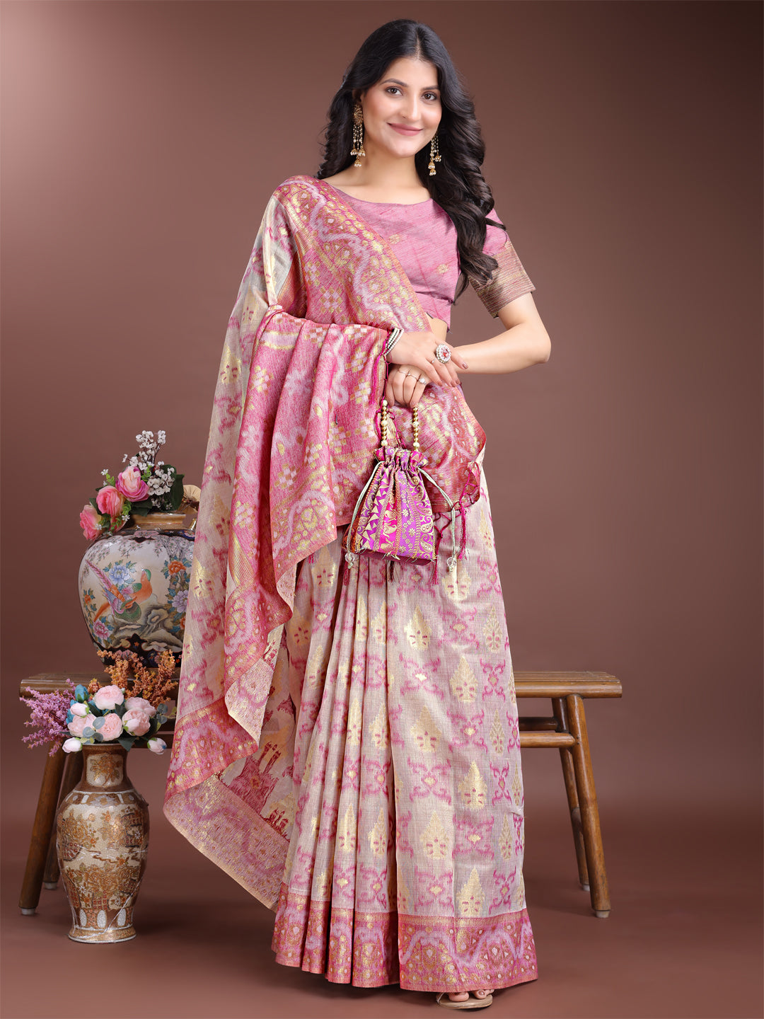 Shree Shyam Fashion Graceful Beige & Pink Linen Cotton Saree - Lightweight Elegance for Modern Women