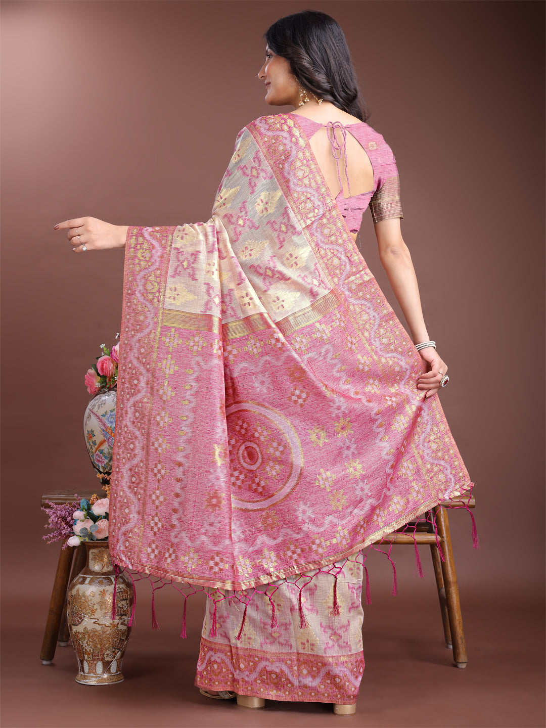 Shree Shyam Fashion Graceful Beige & Pink Linen Cotton Saree - Lightweight Elegance for Modern Women