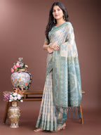 Shree Shyam Fashion Graceful Beige & Sea Green Linen Cotton Saree - Lightweight Elegance for Modern Women