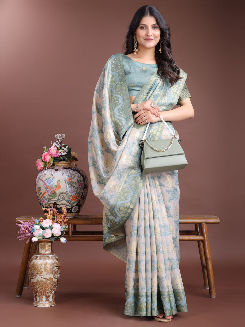 Shree Shyam Fashion Graceful Beige & Sea Green Linen Cotton Saree - Lightweight Elegance for Modern Women