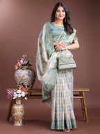 Shree Shyam Fashion Graceful Beige & Sea Green Linen Cotton Saree - Lightweight Elegance for Modern Women
