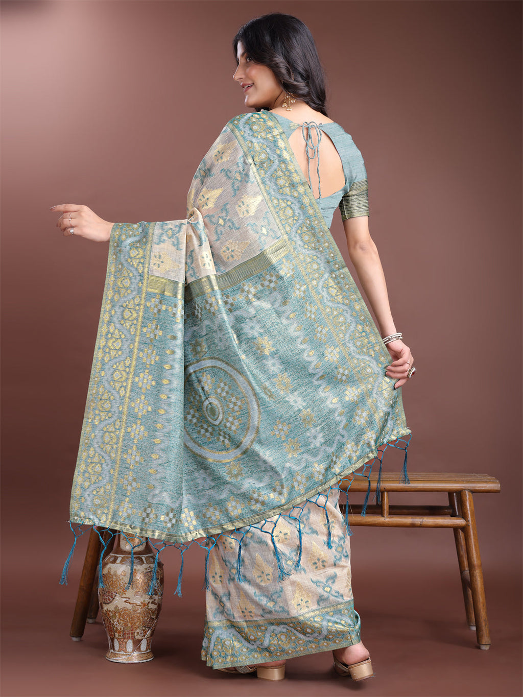 Shree Shyam Fashion Graceful Beige & Sea Green Linen Cotton Saree - Lightweight Elegance for Modern Women