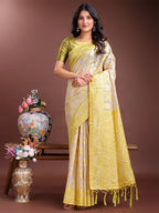 Shree Shyam Fashion Graceful Beige & Yellow Linen Cotton Saree - Lightweight Elegance for Modern Women