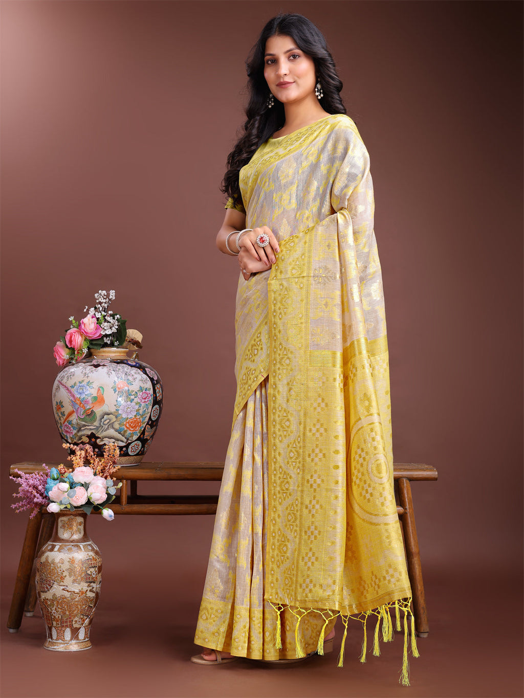 Shree Shyam Fashion Graceful Beige & Yellow Linen Cotton Saree - Lightweight Elegance for Modern Women