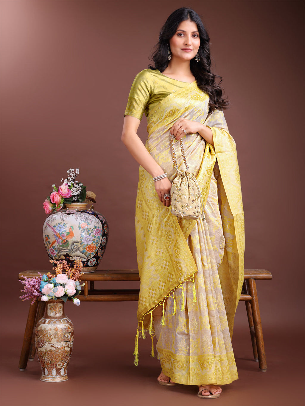 Shree Shyam Fashion Graceful Beige & Yellow Linen Cotton Saree - Lightweight Elegance for Modern Women