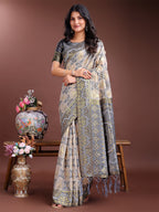 Shree Shyam Fashion Graceful Beige & Grey Linen Cotton Saree - Lightweight Elegance for Modern Women