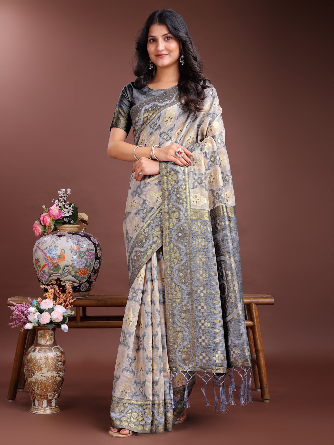 Shree Shyam Fashion Graceful Beige & Grey Linen Cotton Saree - Lightweight Elegance for Modern Women